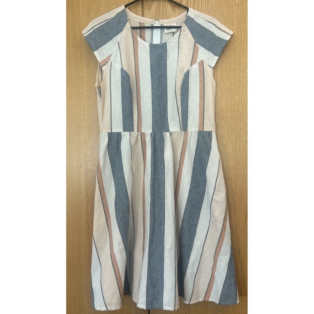 Mata Traders Striped Cotton Midi Dress Medium Pockets Perfect Fall Colors Cream